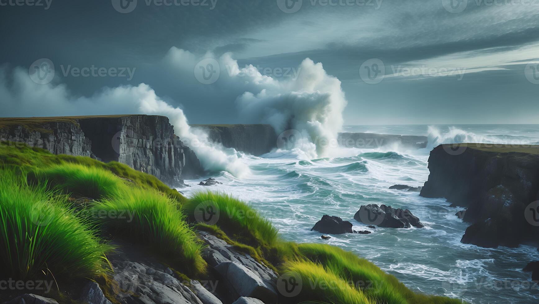 Ocean Waves Crashing on Cliffs with Green Grass and Dramatic Sky photo