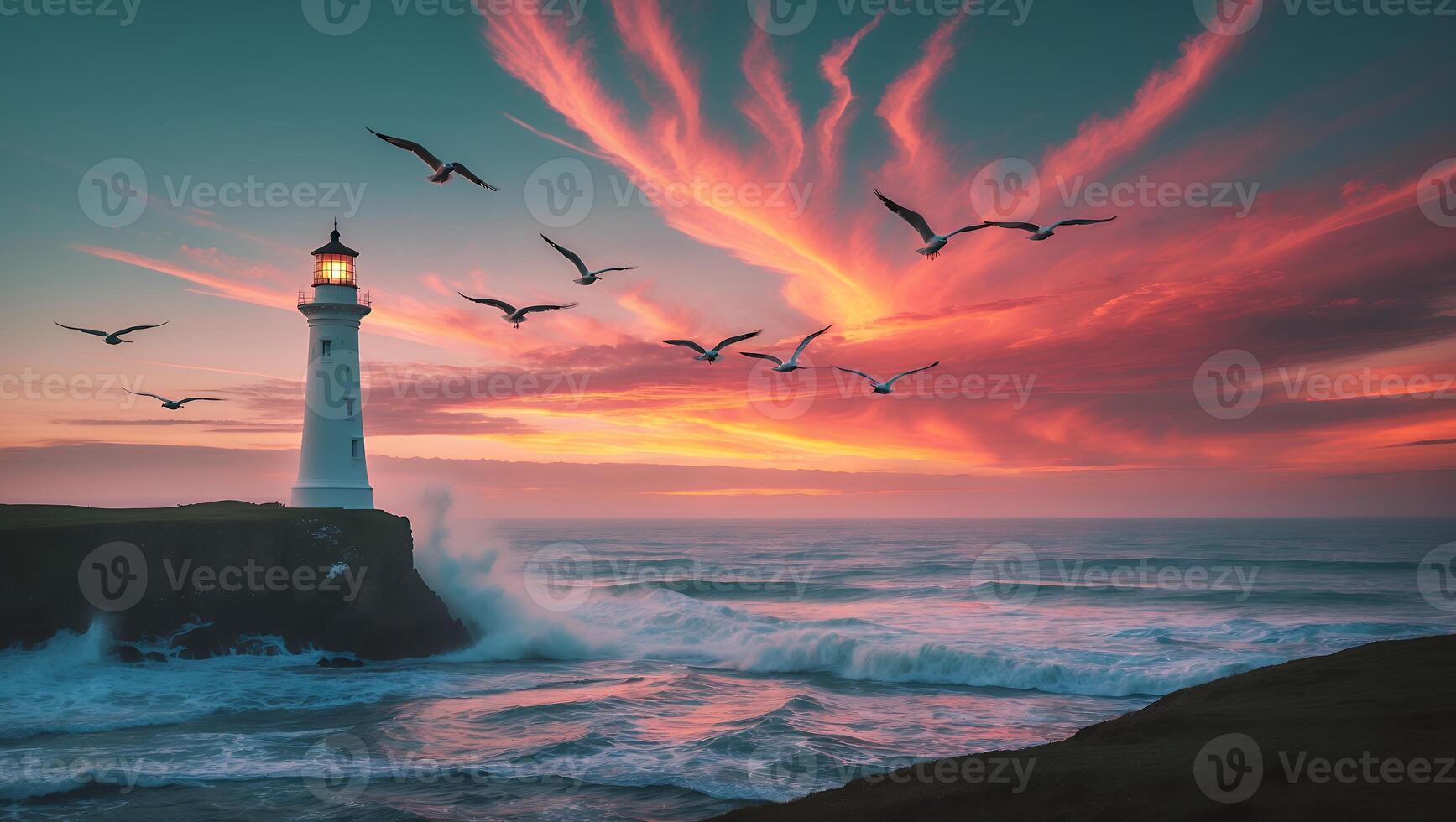 Lighthouse on Cliff at Sunset with Birds and Breaking Waves photo