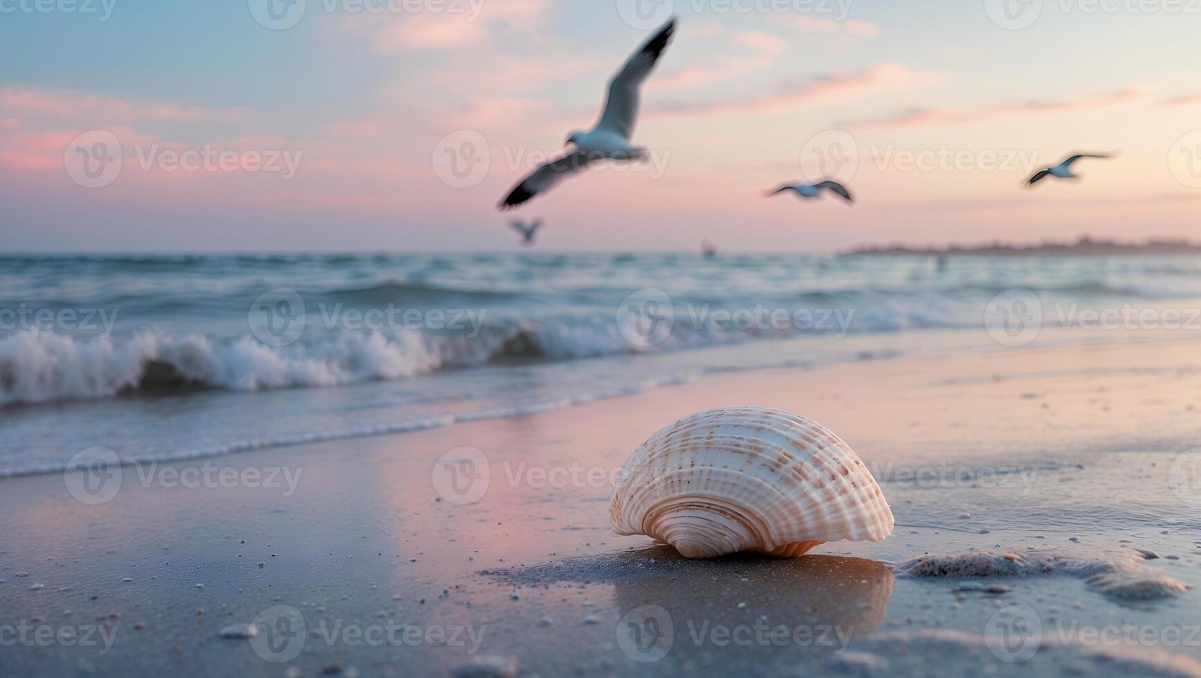 A shell on the beach with seagulls flying over it photo