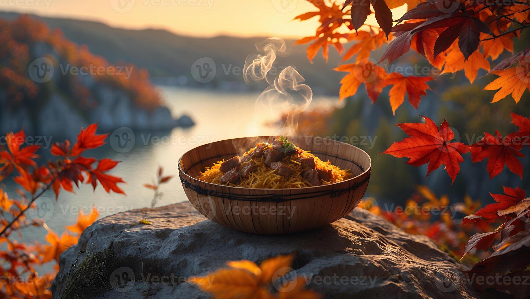 Noodle Dish in Wooden Bowl with Autumn Leaves and Water View photo