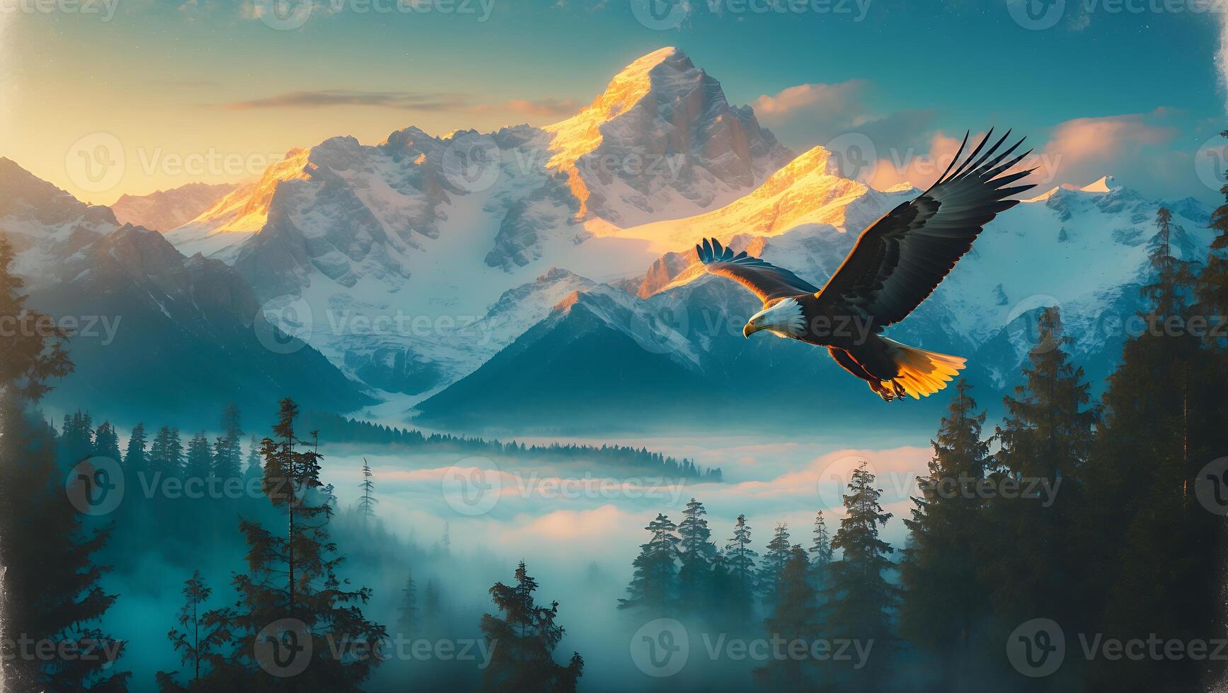 Eagle Flying Over Misty Forest and Snow-capped Mountains at Sunrise photo
