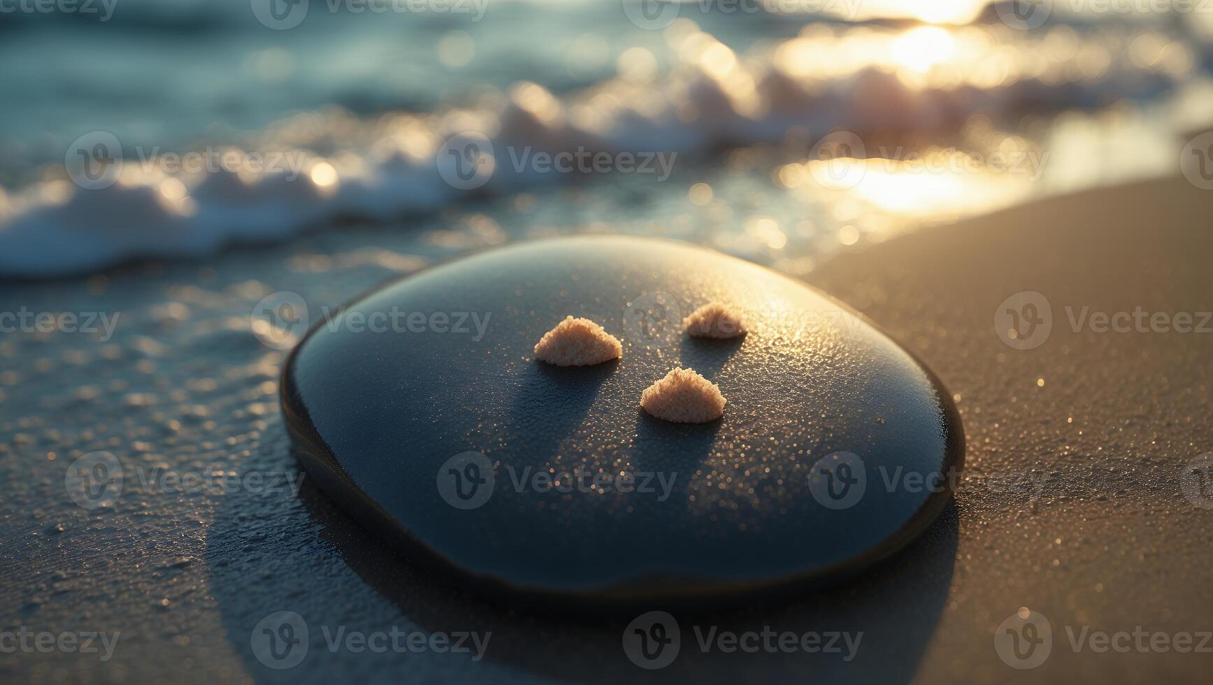 Smooth Stone on Beach Sand with Sunlight and Gentle Ocean Waves photo
