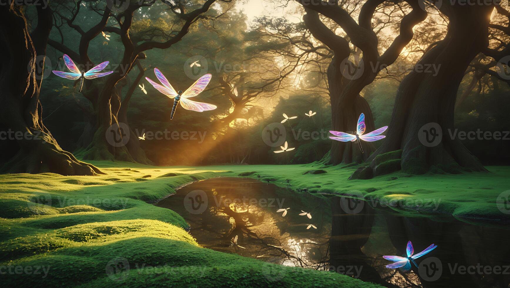 Dragonflies Hovering Over Mossy Forest Stream with Sunlight Reflections photo
