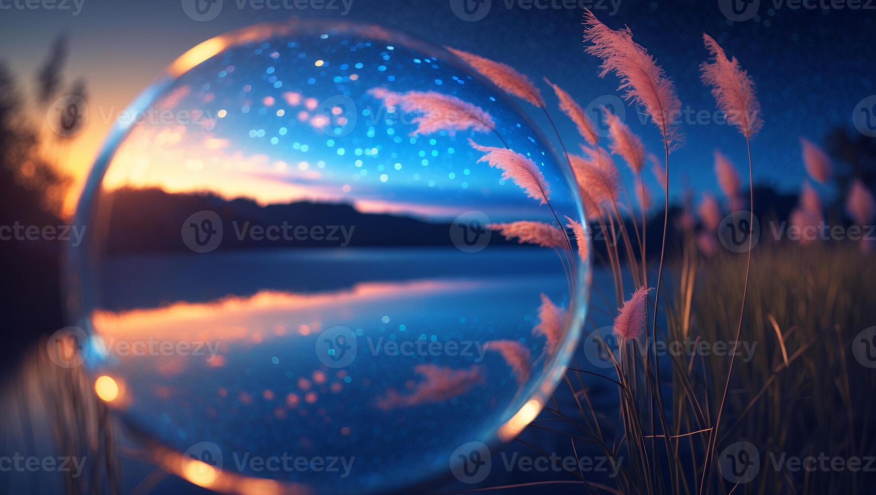 Glass Orb Reflecting Mountain Lake at Sunset with Field of Grass photo
