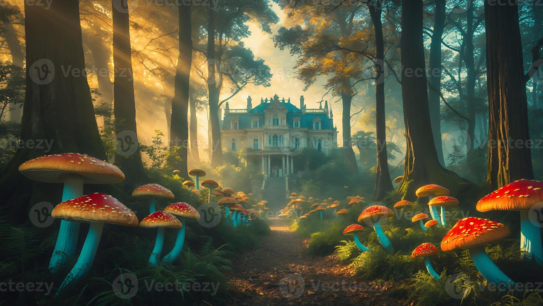 Walking the Mushroom Path Towards a Grand House in the Forest photo
