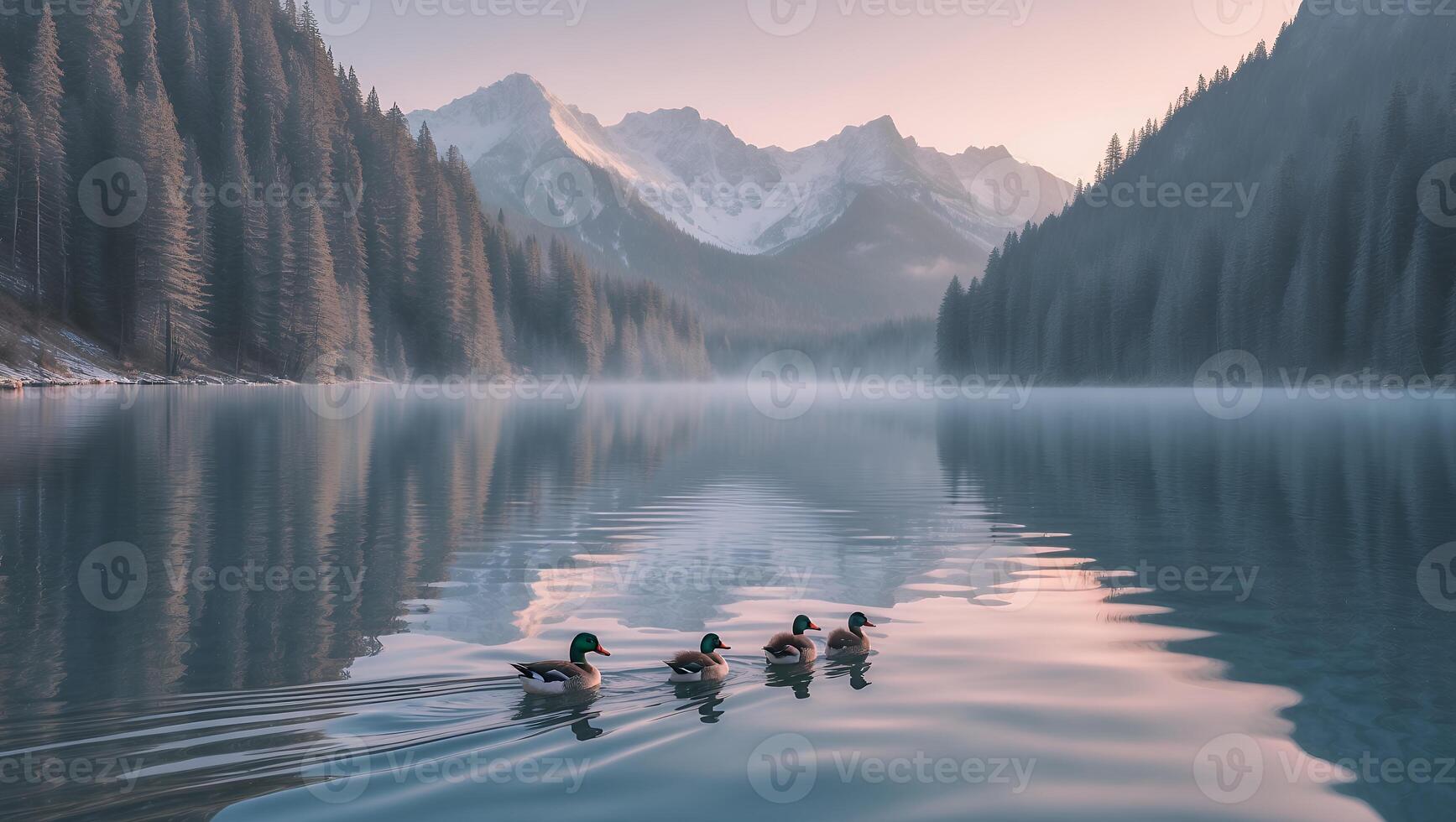Ducks Swimming on Calm Lake with Mountain and Forest Scenery photo