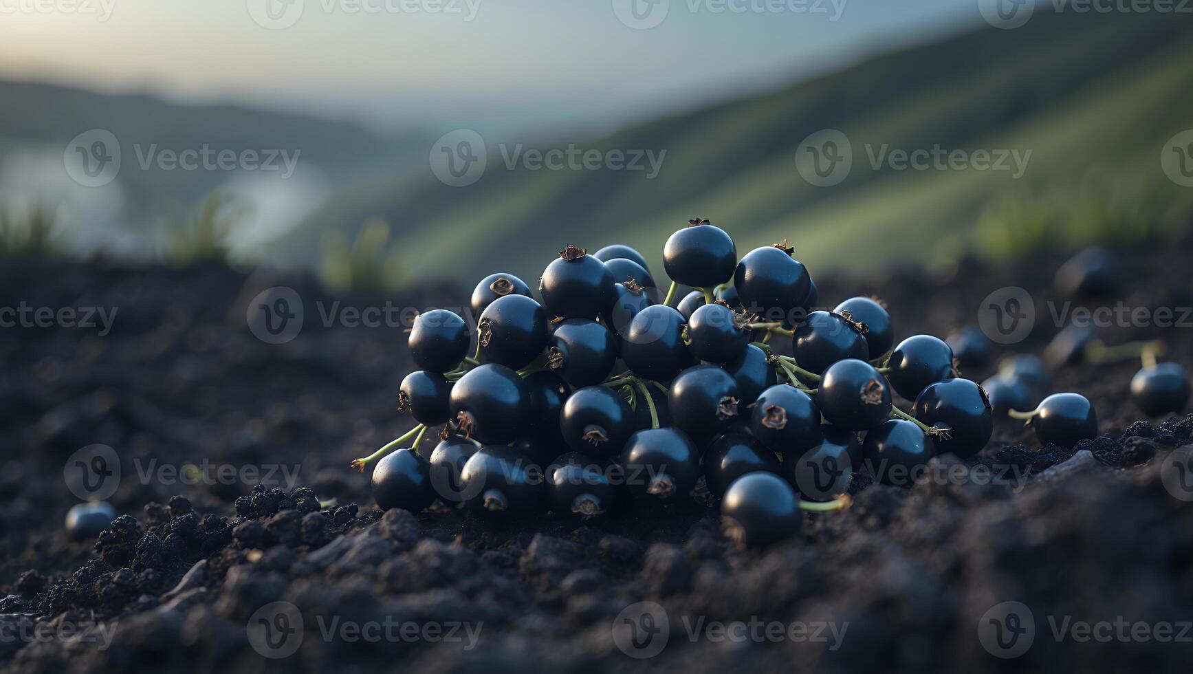 Fresh Black Currant Berries Resting on Dark Soil in Sunlight photo