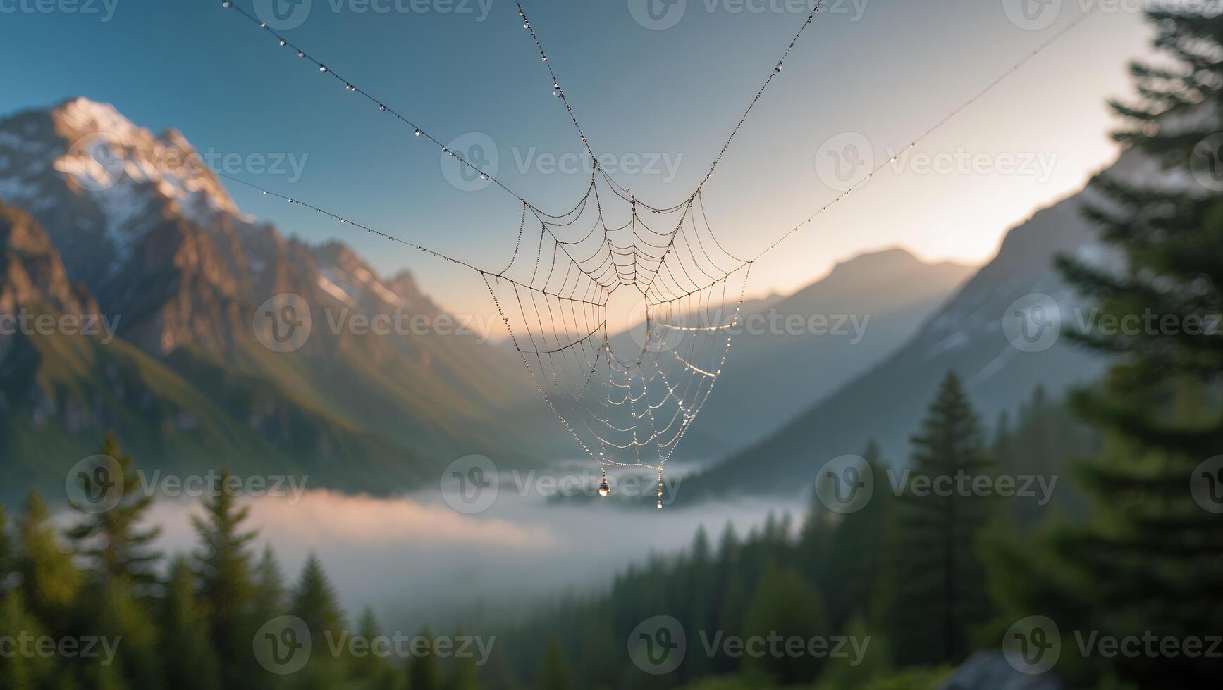 Spiderweb Covered in Morning Dew with Mountain and Forest Backdrop photo