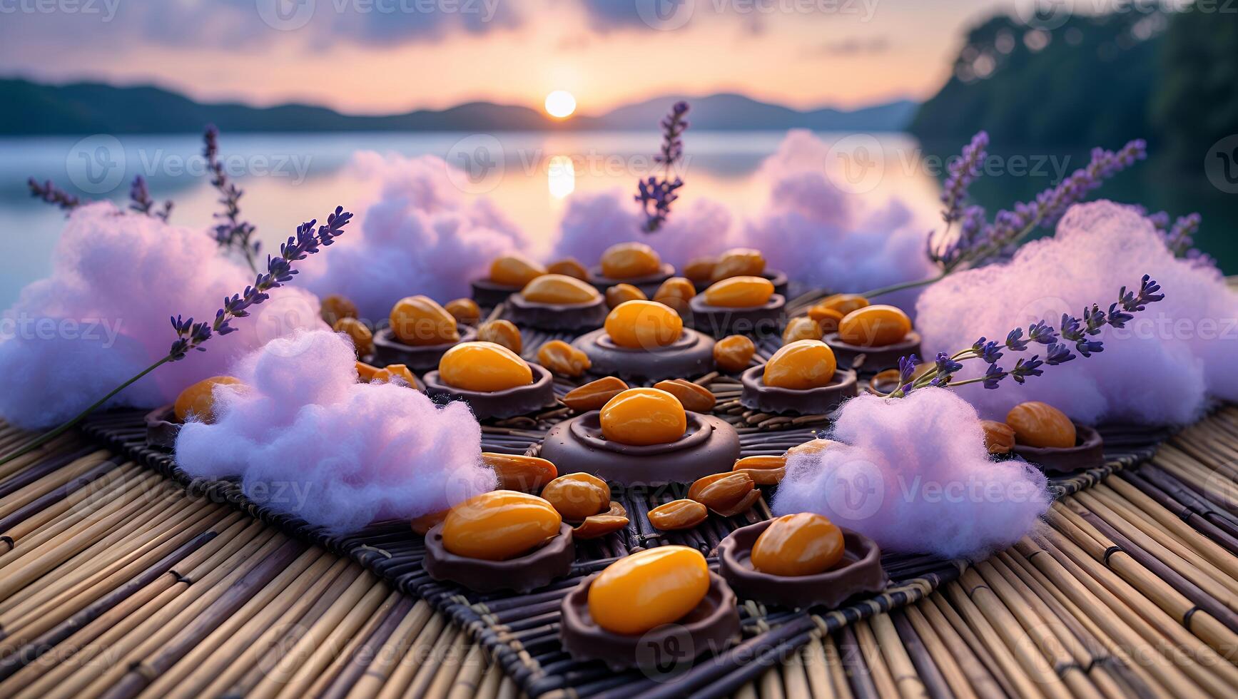 Arrangement of Candied Fruit and Almonds with Lavender on Bamboo Mat photo