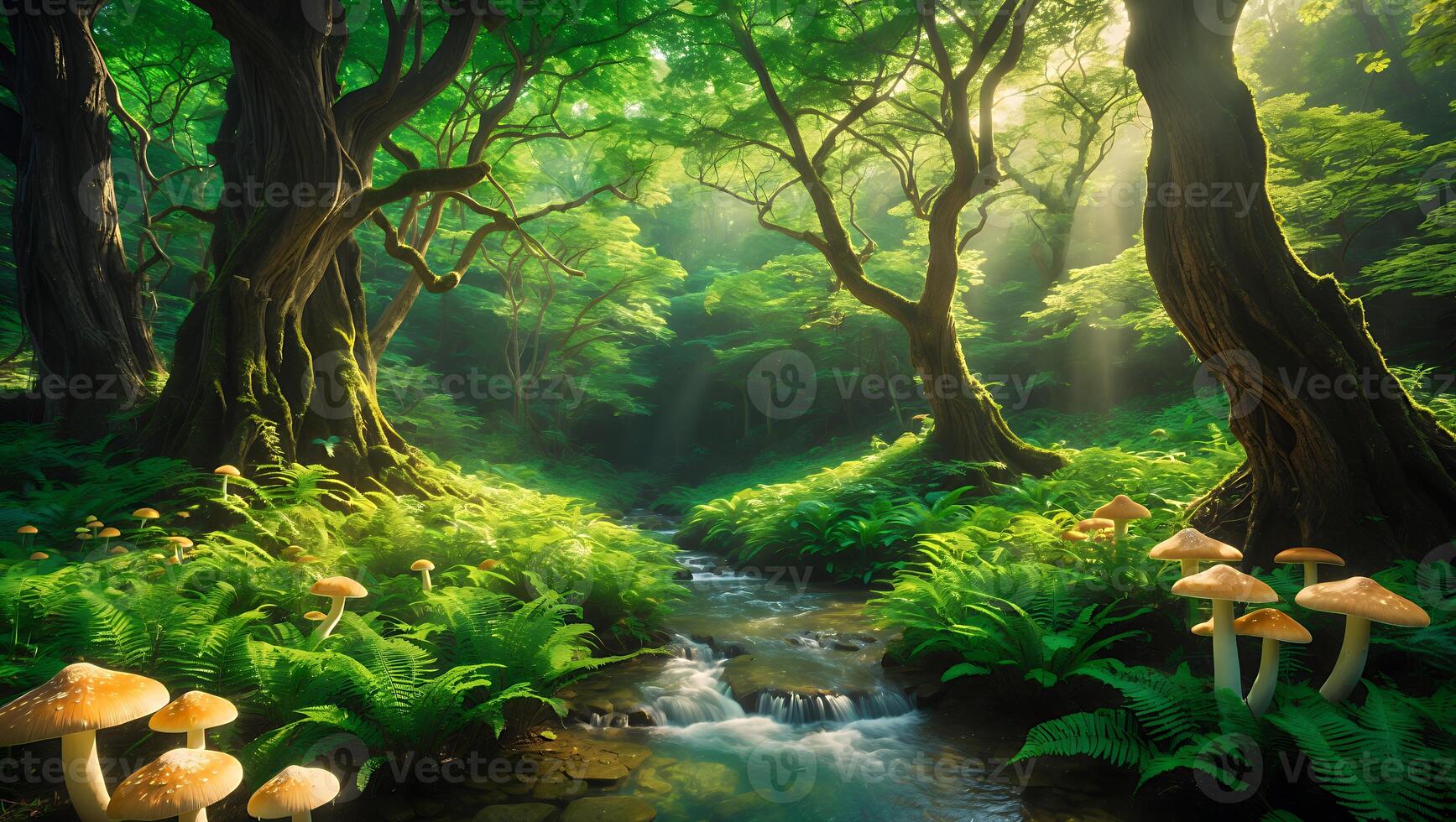 Tranquil Forest Stream with Mushrooms and Ferns in a Lush Green Setting photo