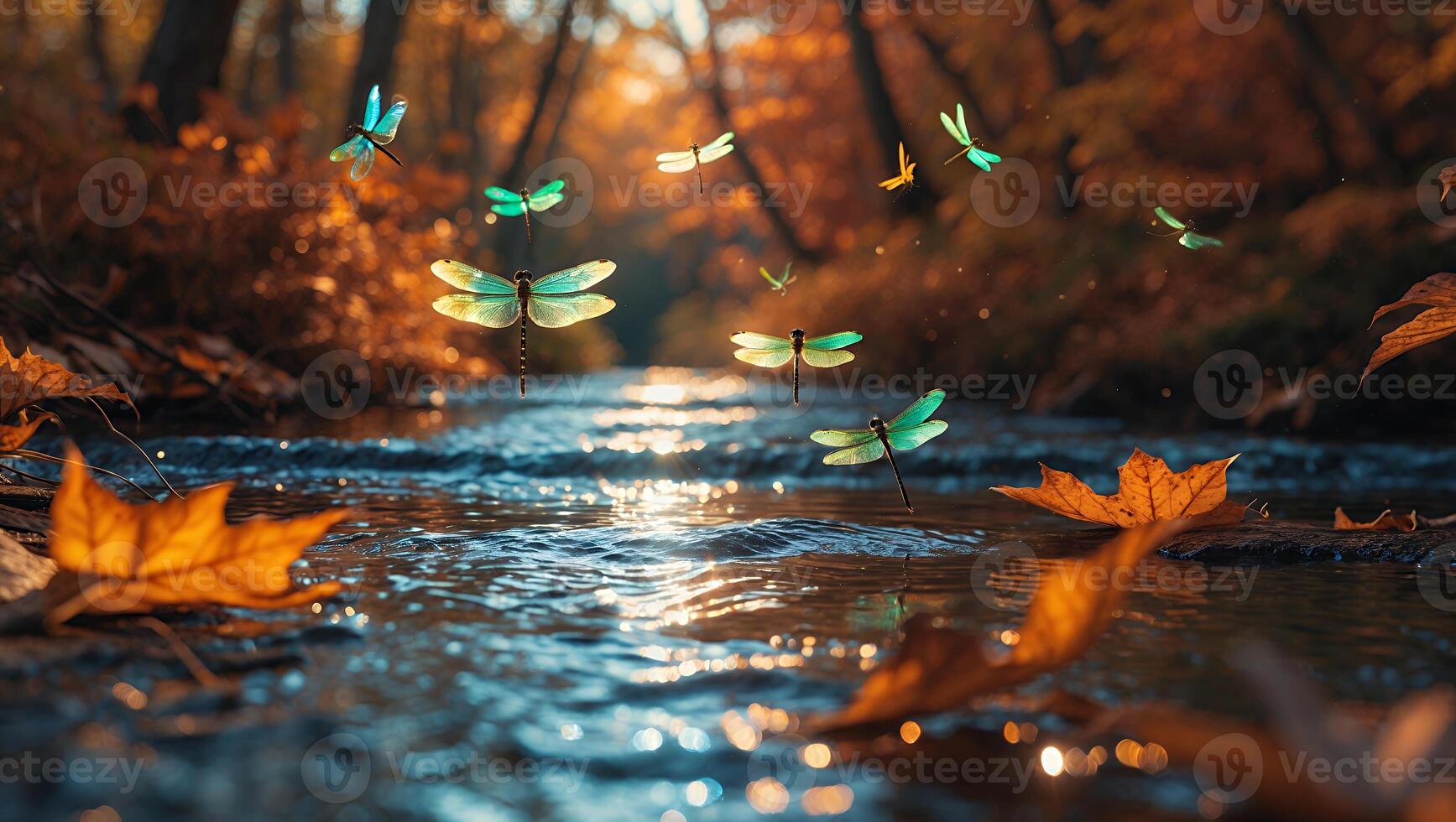 Dragonflies Hovering Above Creek with Fall Leaves in Forest photo