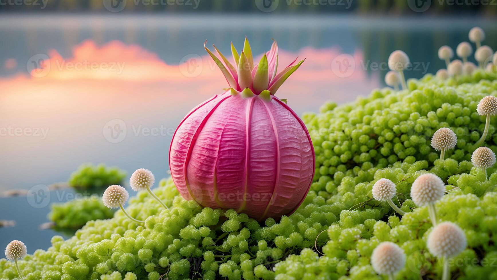 Pink Flower Bud Growing Among Greenery Near Calm Lake Scenery photo