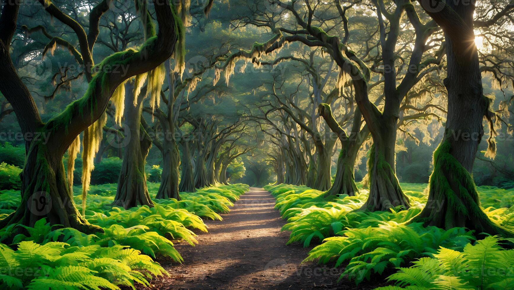 Walking on Forest Path Surrounded by Mossy Trees and Green Ferns photo