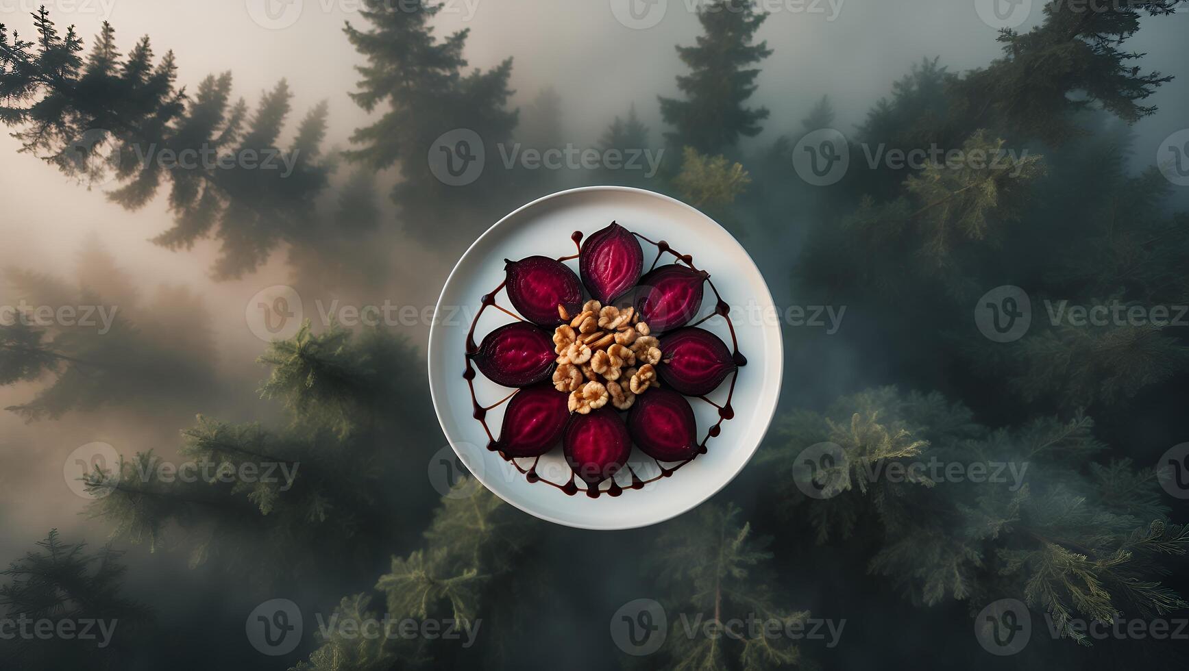 Beetroot and Walnut Salad Plate Floating Above Misty Evergreen Forest photo