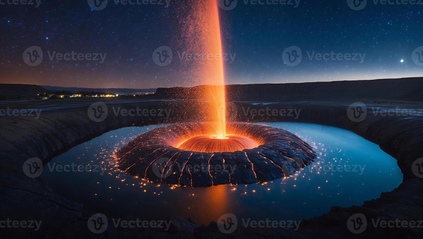 Geyser Erupting in a Dark Rocky Landscape Reflecting the Starry Night photo