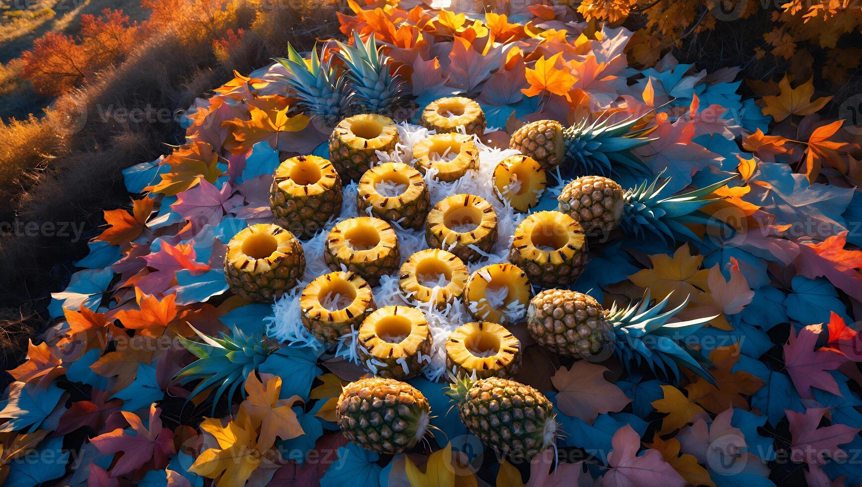 Pineapple Slices and Whole Fruits Arranged on Colorful Autumn Leaves photo