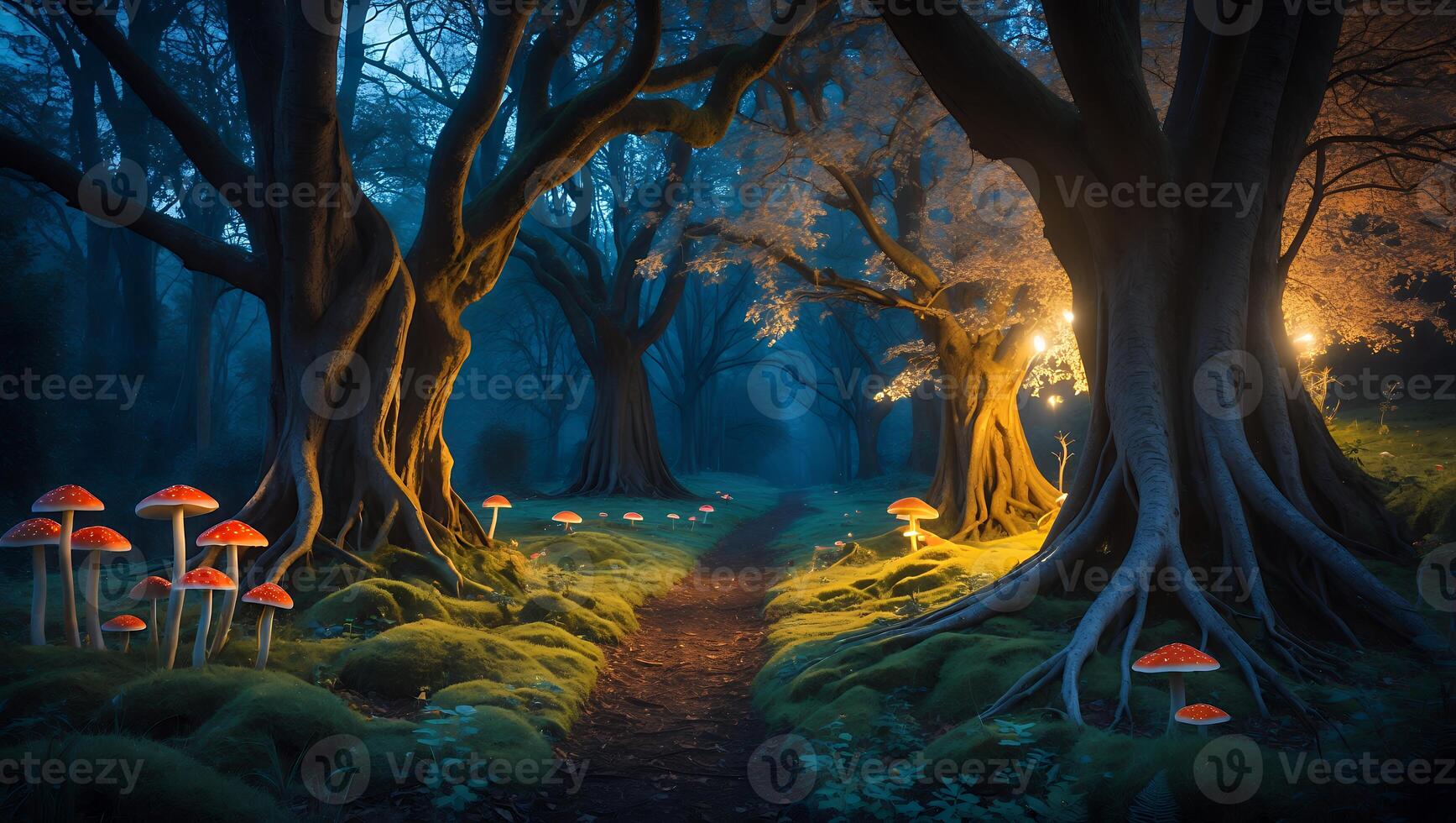 Walking Path Through Enchanted Forest with Glowing Mushrooms at Dusk photo