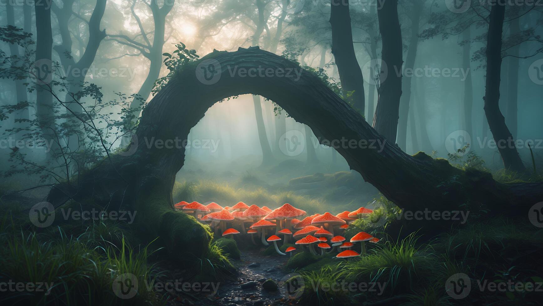 Red Mushrooms Under Tree Archway in Misty Woodland Scenery photo