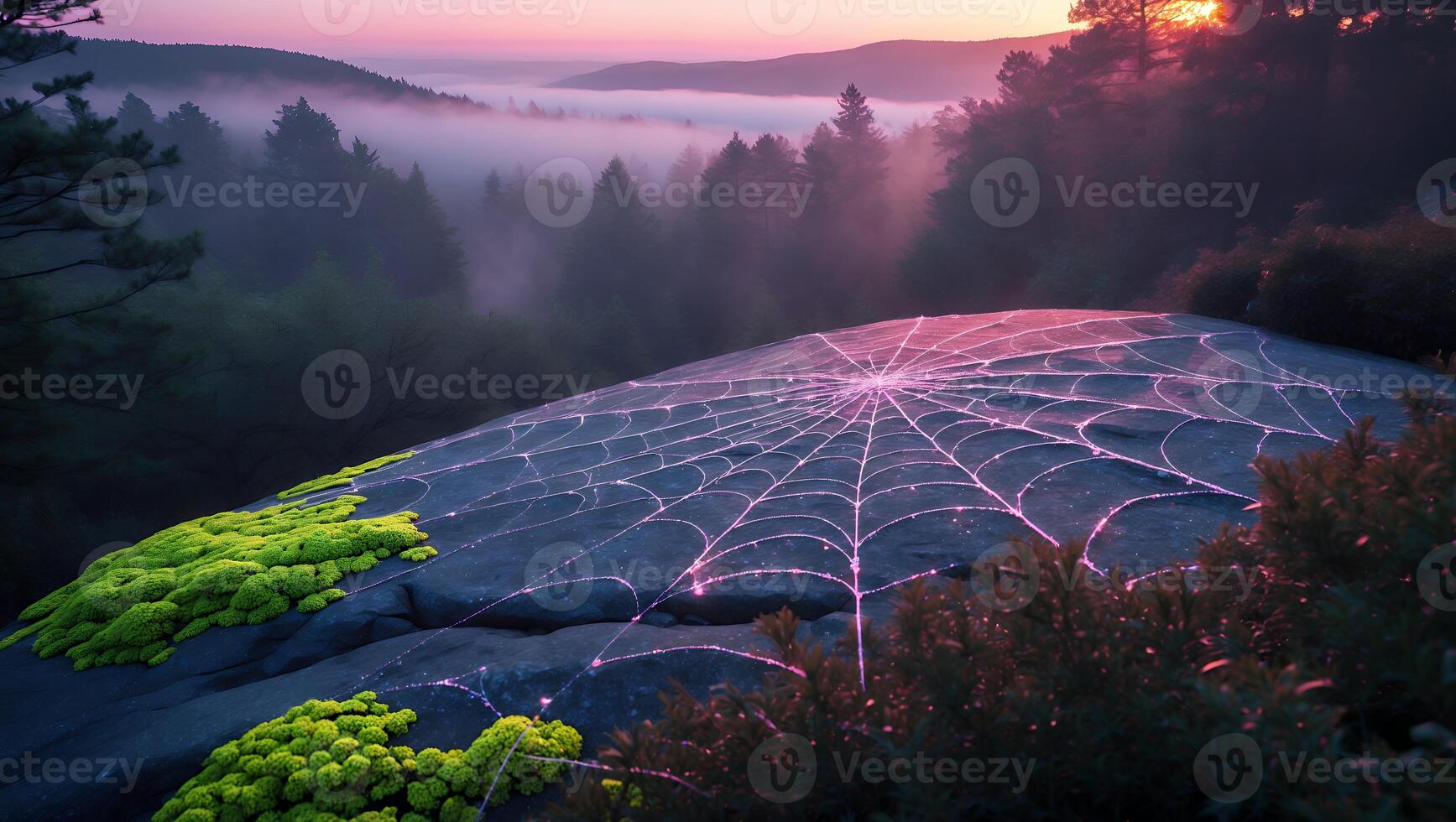 Glowing Spiderweb on Rock Formation in Mystical Forest at Sunset photo