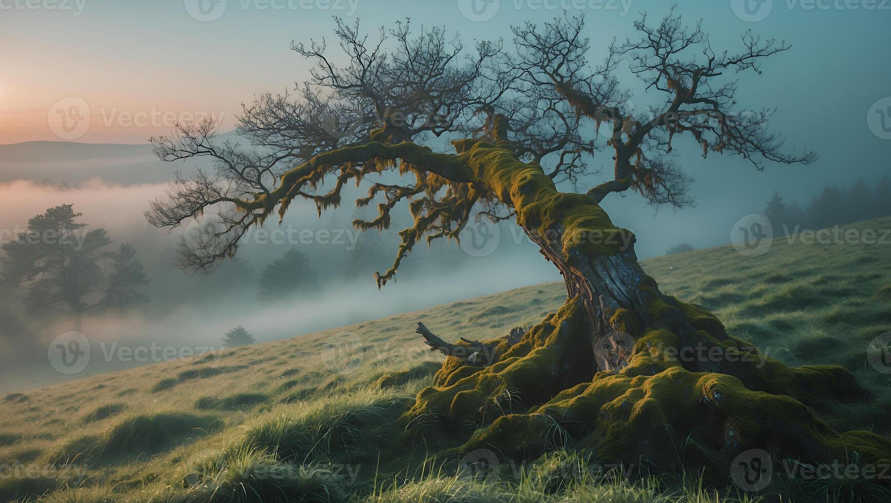 Old Mossy Tree Standing on Grassy Hillside with Morning Mist photo