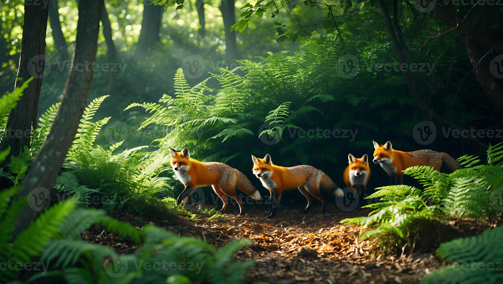 Foxes Walking Through Lush Green Forest with Sunlit Ferns photo