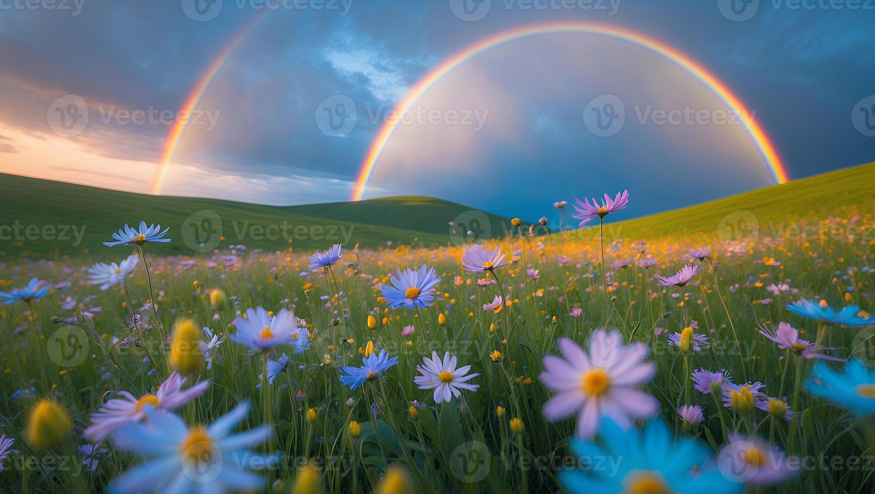 Field of Wildflowers Under Double Rainbow Against Hilly Green Landscape photo