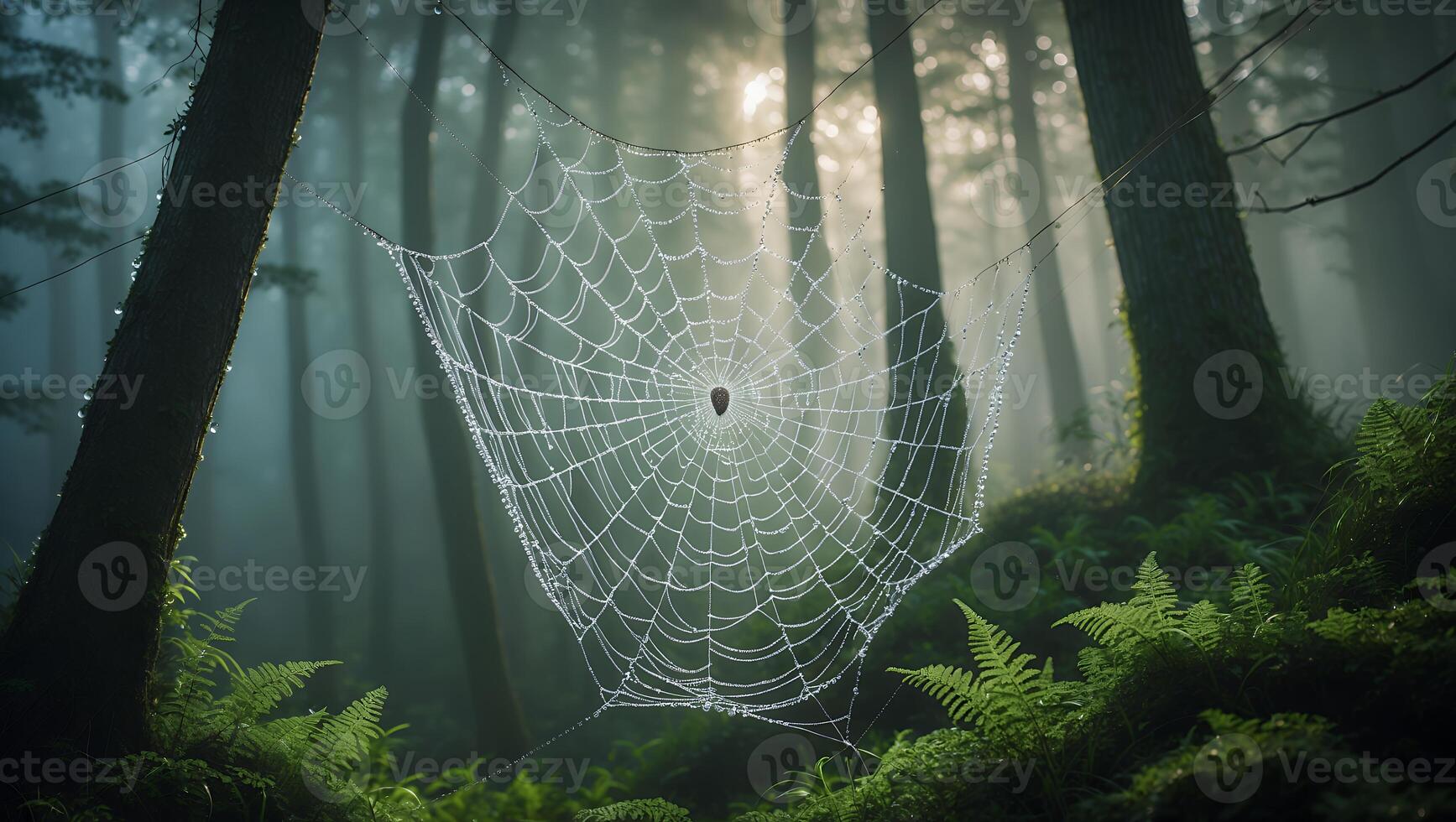 Spiderweb Covered in Dew Hanging in a Misty Forest Scene photo