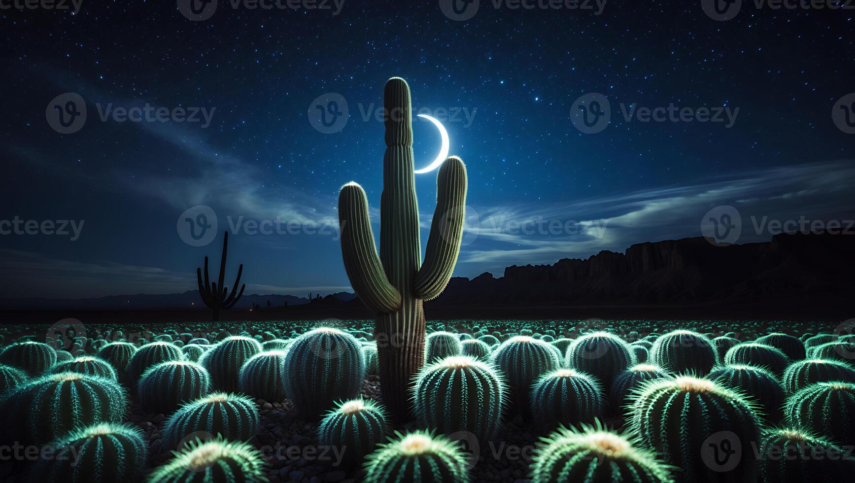 Cactus Field Under Night Sky with Moon and Starry Background photo