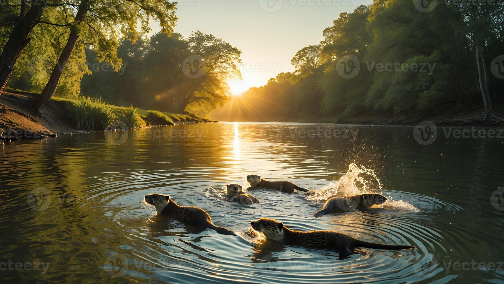 Otters Swimming in River at Sunset with Trees and Golden Light photo