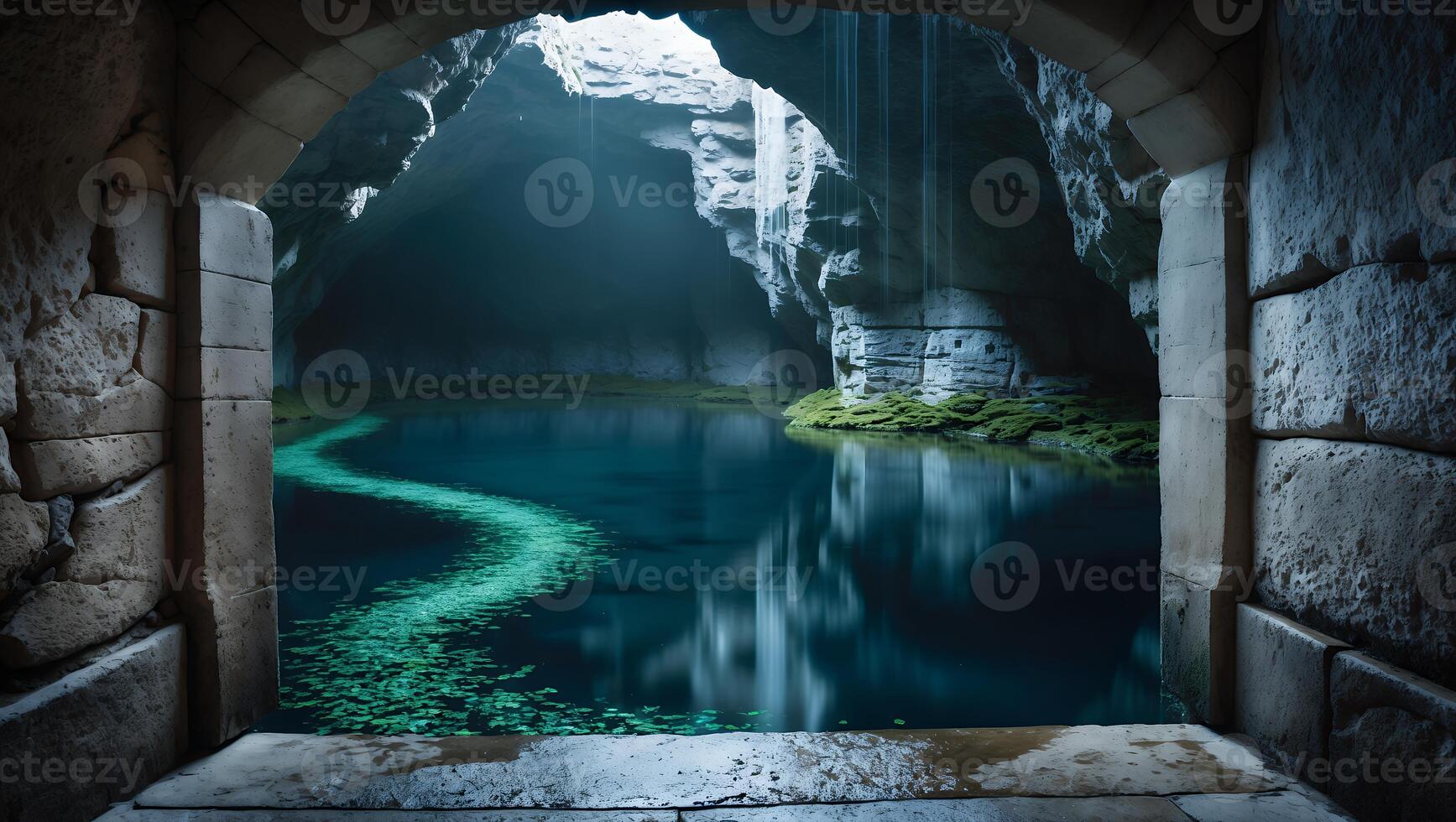Viewing Dark Cave Lake Through Stone Archway with Reflective Water photo