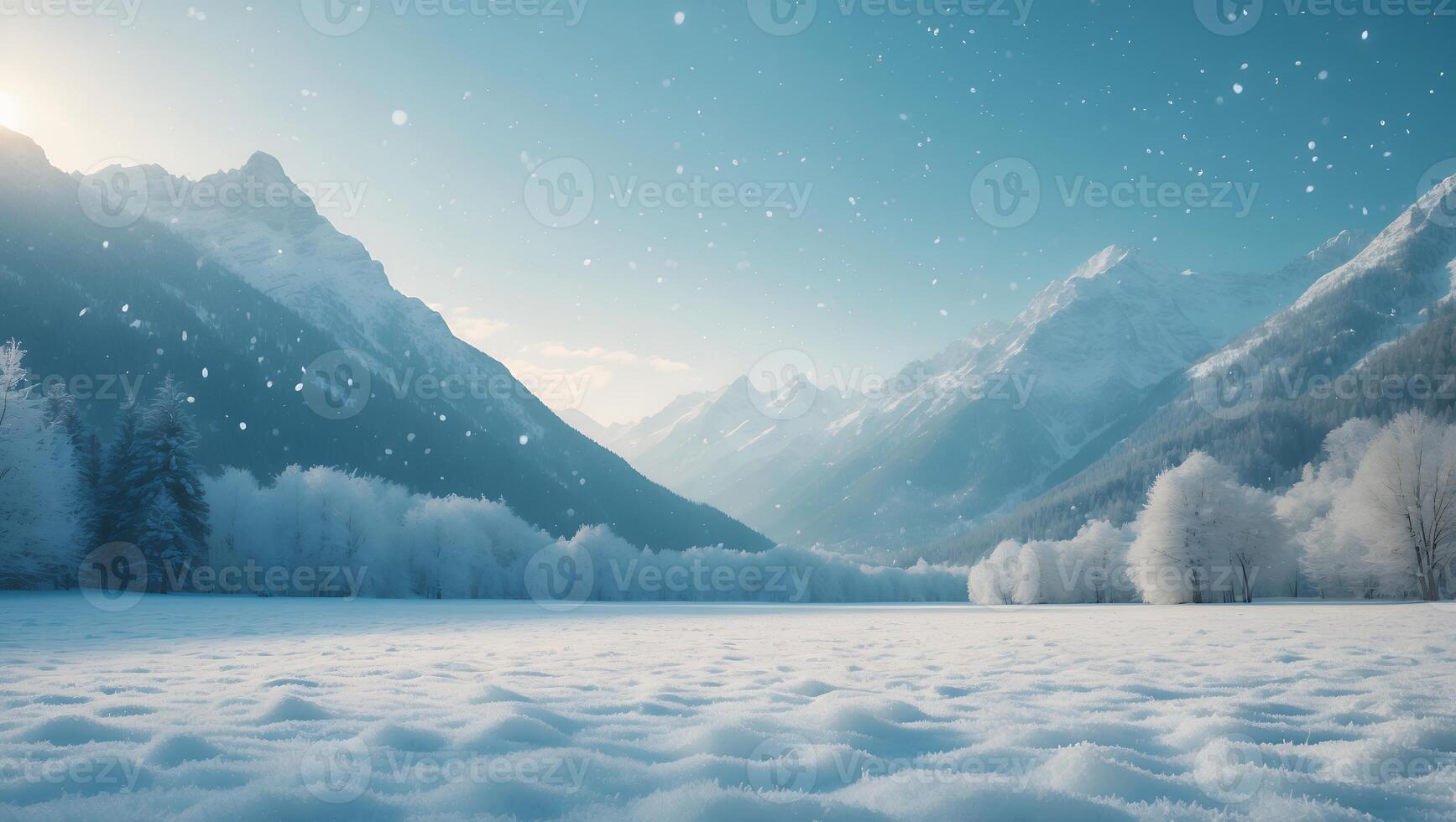 Winter Landscape Shows Snow Covered Field and Majestic Mountain Range photo
