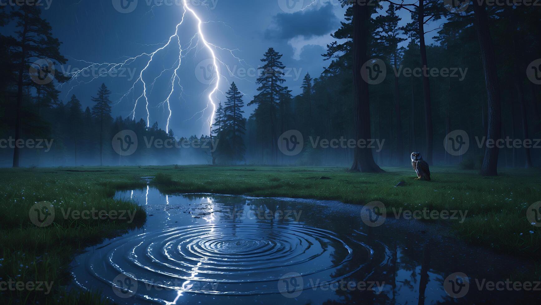 Lightning Strikes Over Forest Reflecting in Pond with Ripples photo