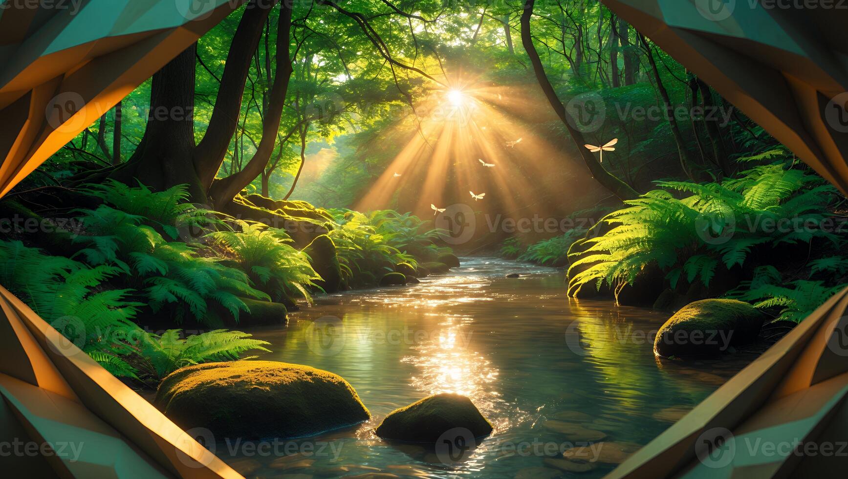 Forest Stream View Through Tent with Sunlight and Greenery photo
