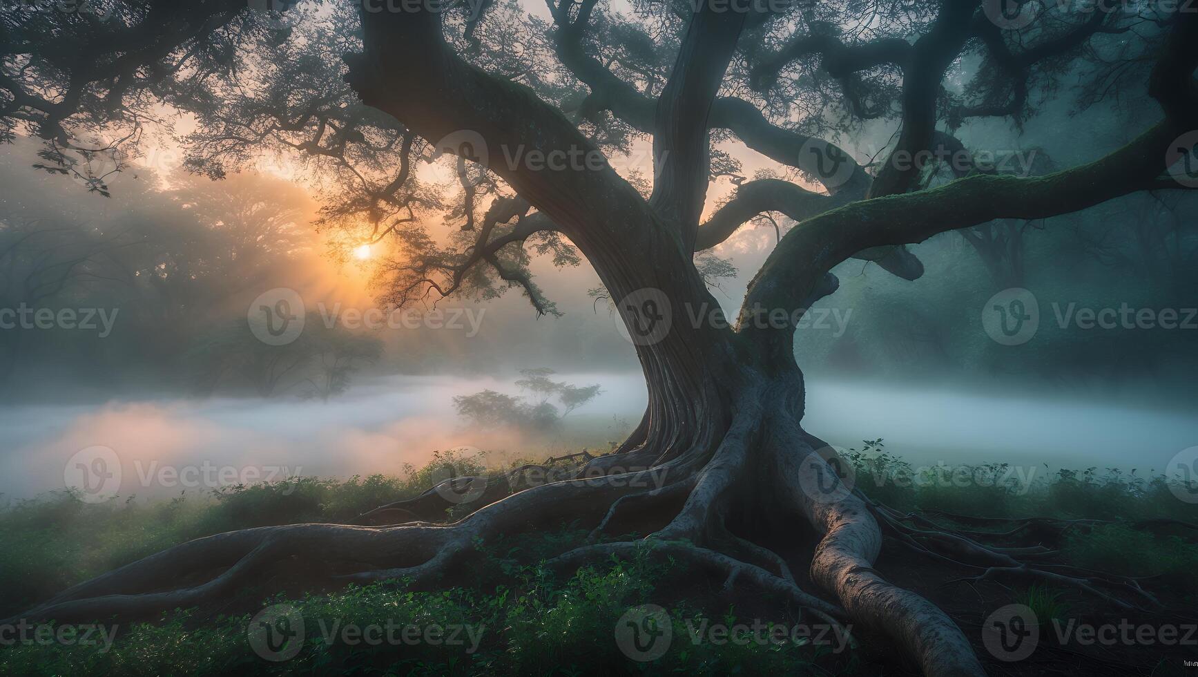 Majestic Tree at Sunrise Over Water with Fog and Light photo