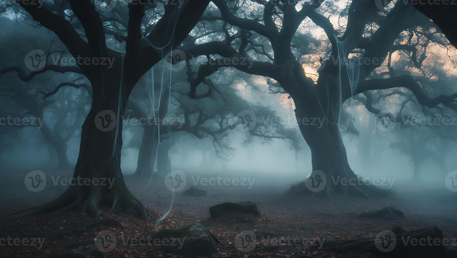 Walking Through Mystical Foggy Forest with Spooky Hanging Web Decorations photo