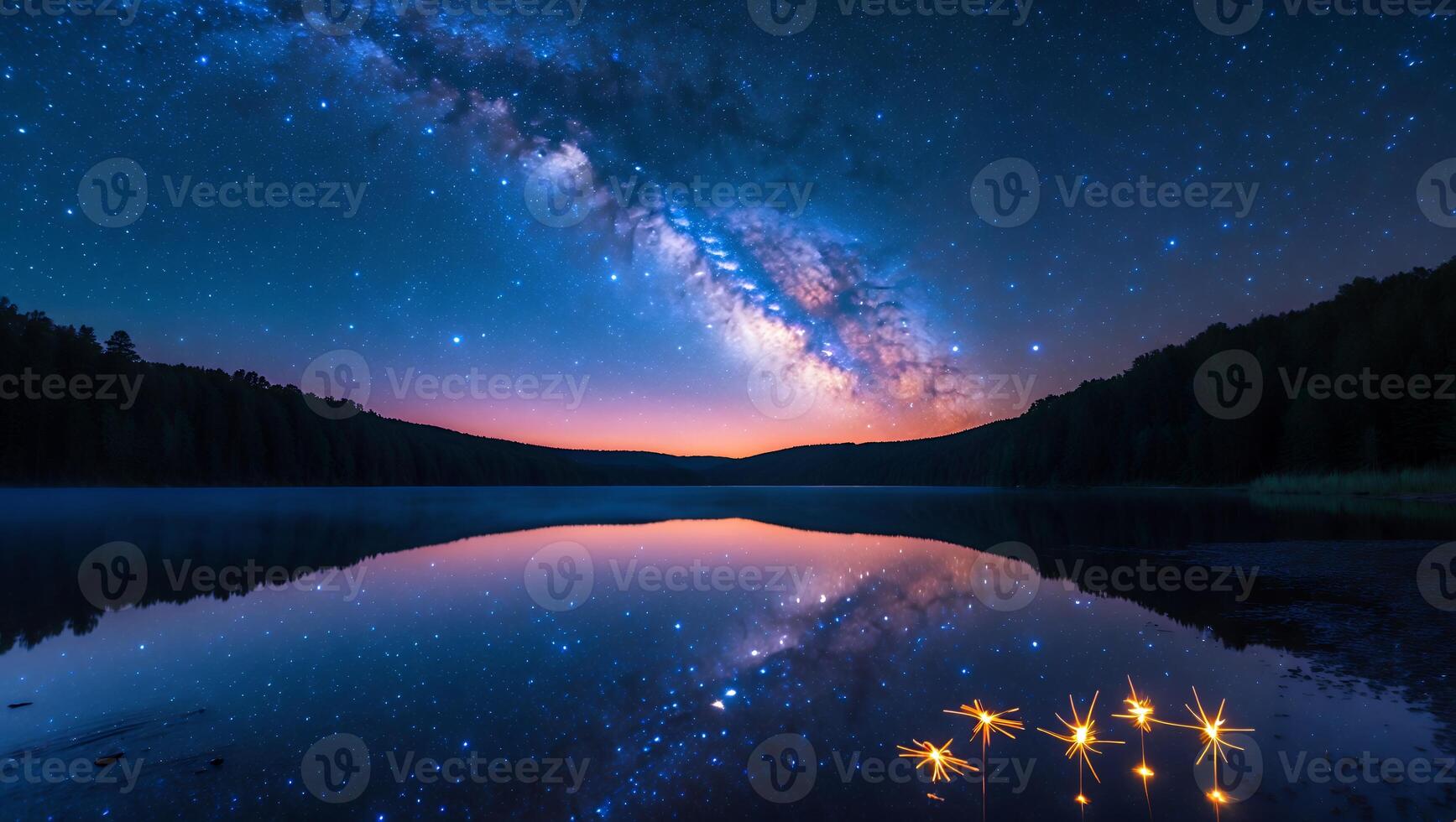 Milky Way Reflection Over Calm Lake Water at Night with Stars photo