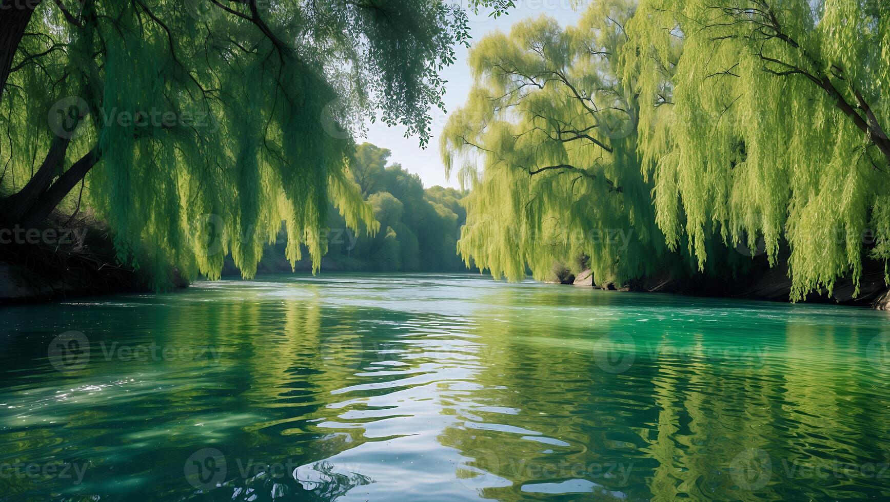 River Flowing Under Green Trees Creating a Serene and Peaceful Landscape photo