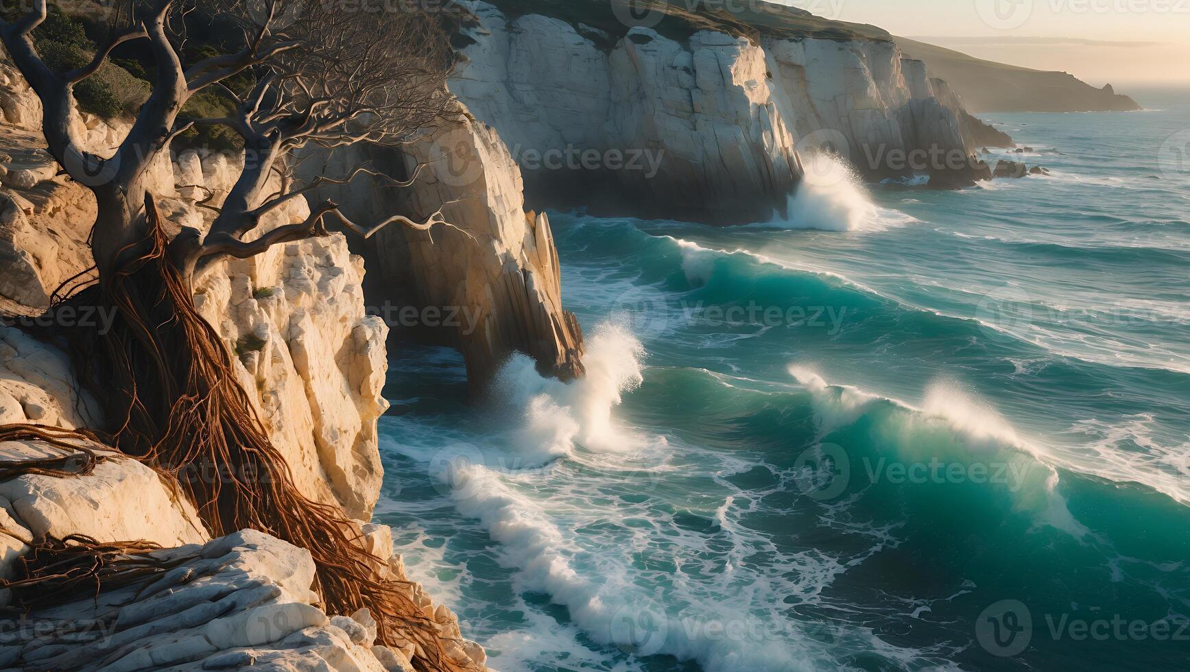 Crashing Waves on Rocky Coastline with a Bare Tree and Cliffs photo