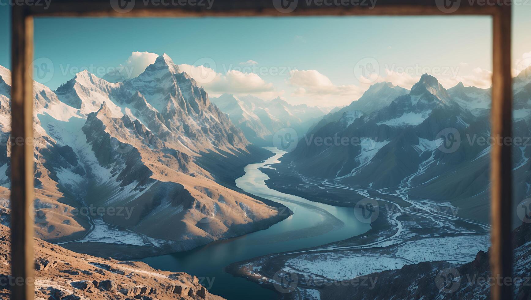 River Through Snowy Mountains Framed by Window on Clear Day photo