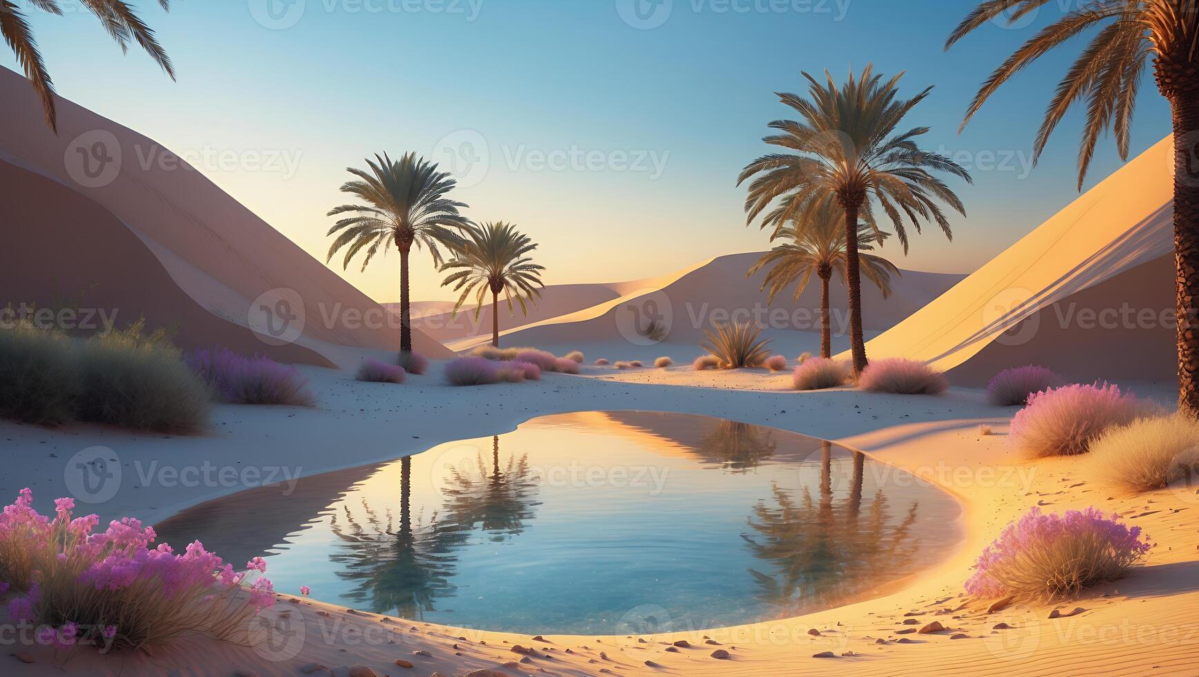 Oasis in Desert Landscape with Palm Trees and Water Reflection photo