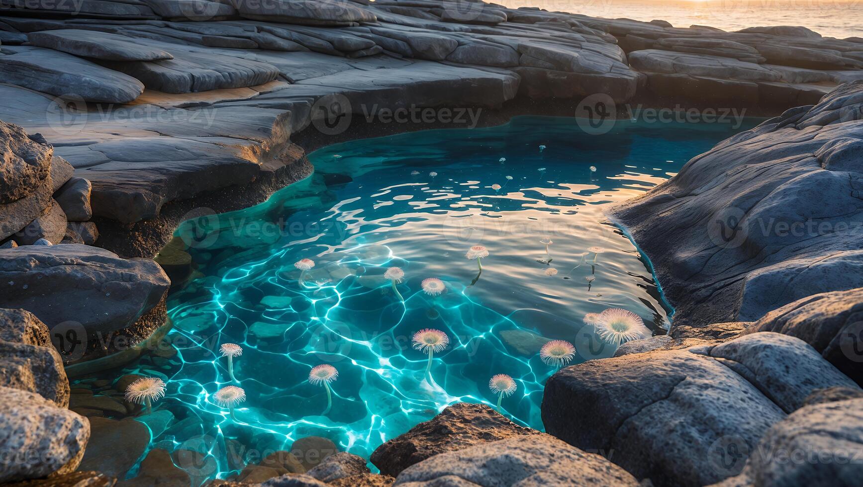 Tranquil Coastal Tide Pool with Glowing Water and Rock Formations photo