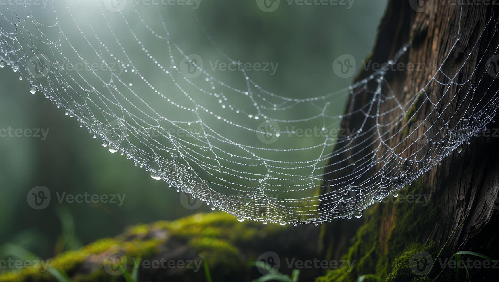 Spiderweb Covered in Dew Drops Hanging From Tree Branch Closeup photo