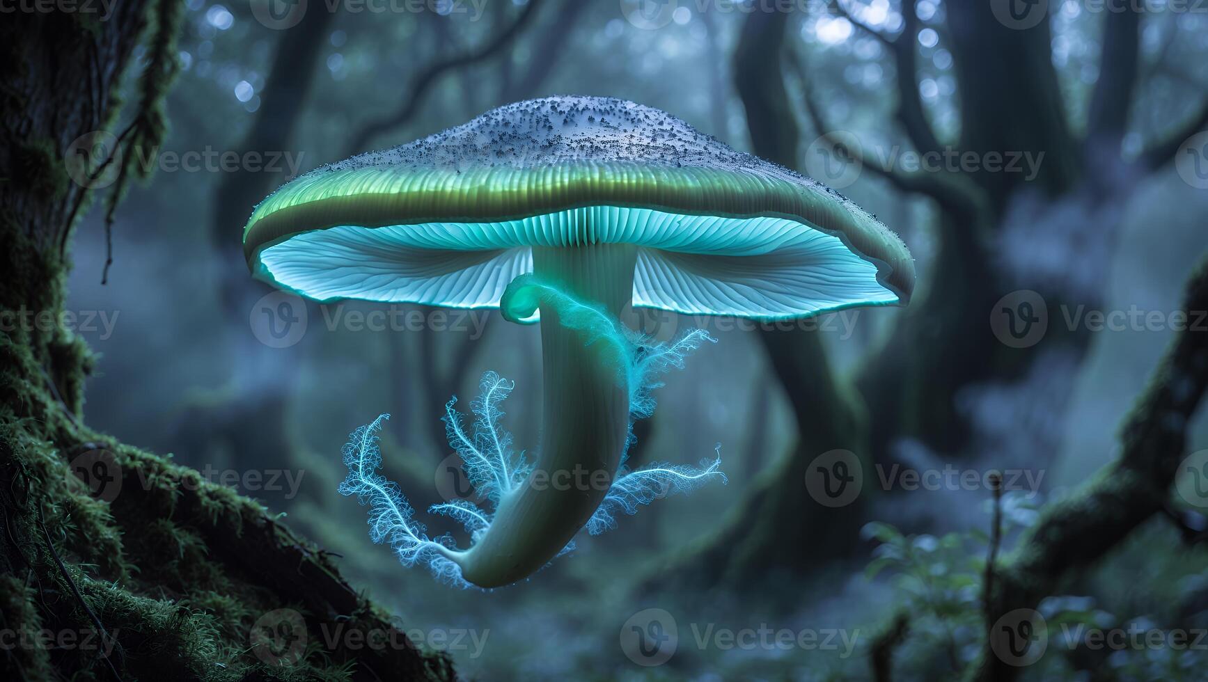 Glowing Mushroom in Enchanted Forest with Ethereal Light and Mist photo