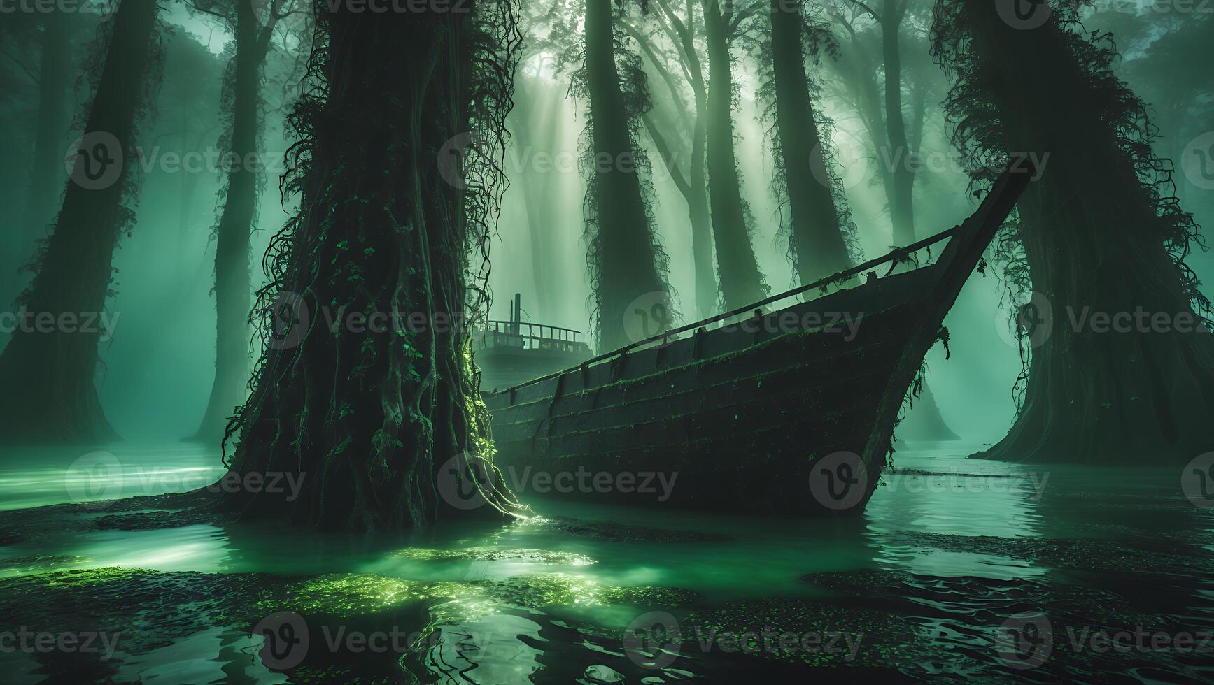Abandoned Boat in Swamp Surrounded by Trees with Mystical Light photo