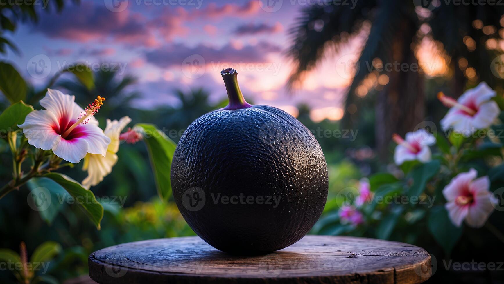 Round Fruit on a Wooden Table with Hibiscus Flowers at Sunset photo