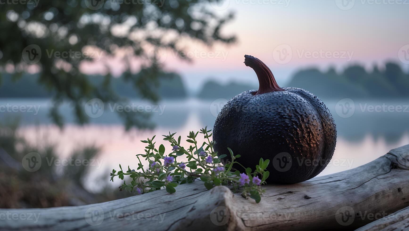 Dark Pumpkin Displayed on Log with Purple Flowers Near Calm Lake photo