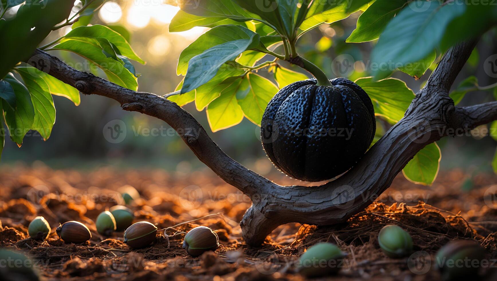 Black Round Vegetable Growing on Branch with Nuts on Ground photo