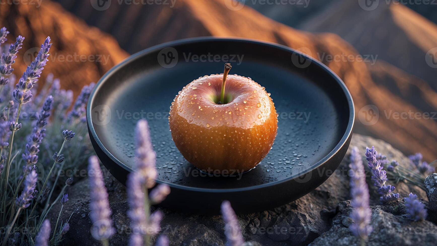 Fresh Apple Resting in Bowl with Lavender and Mountain Backdrop photo