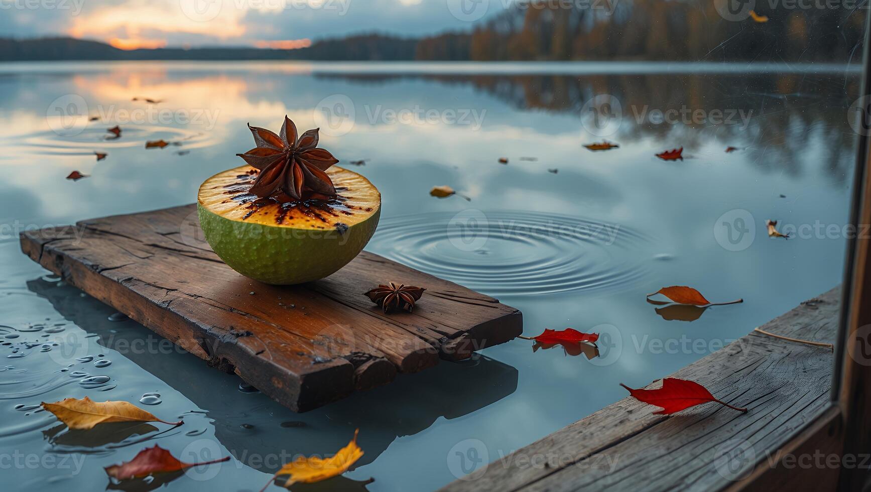 Apple and Star Anise Floating on a Lake at Sunset photo