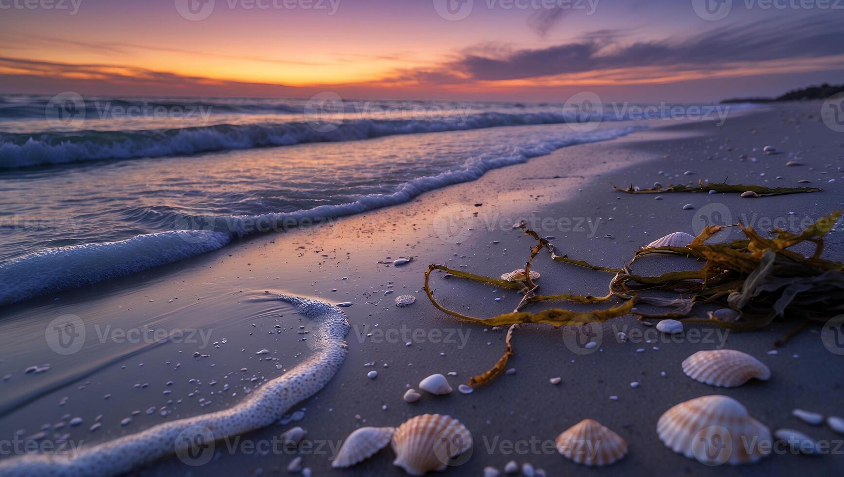 Seashells and Seaweed on Sandy Beach at Sunset with Gentle Waves photo